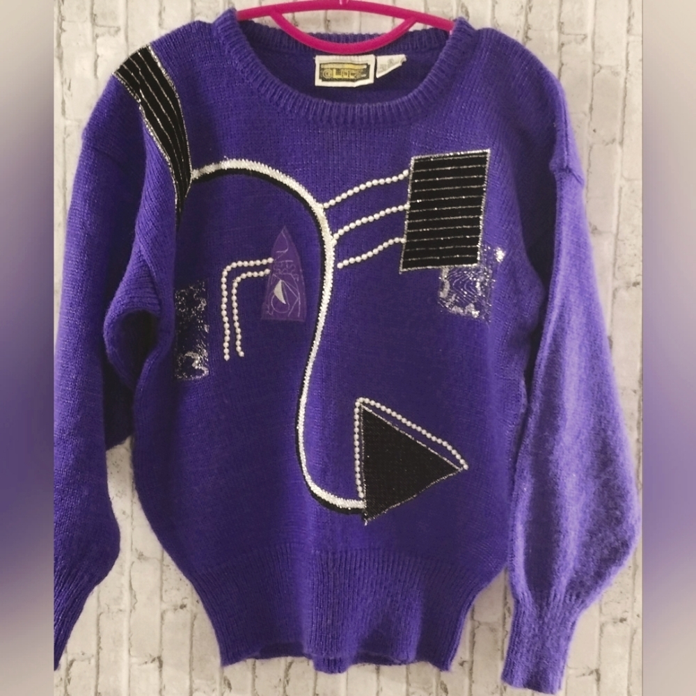 VTG Anytime Glitz Retro Eclectic Ornate Sweater Purple Beads Sequins Abstract Sm